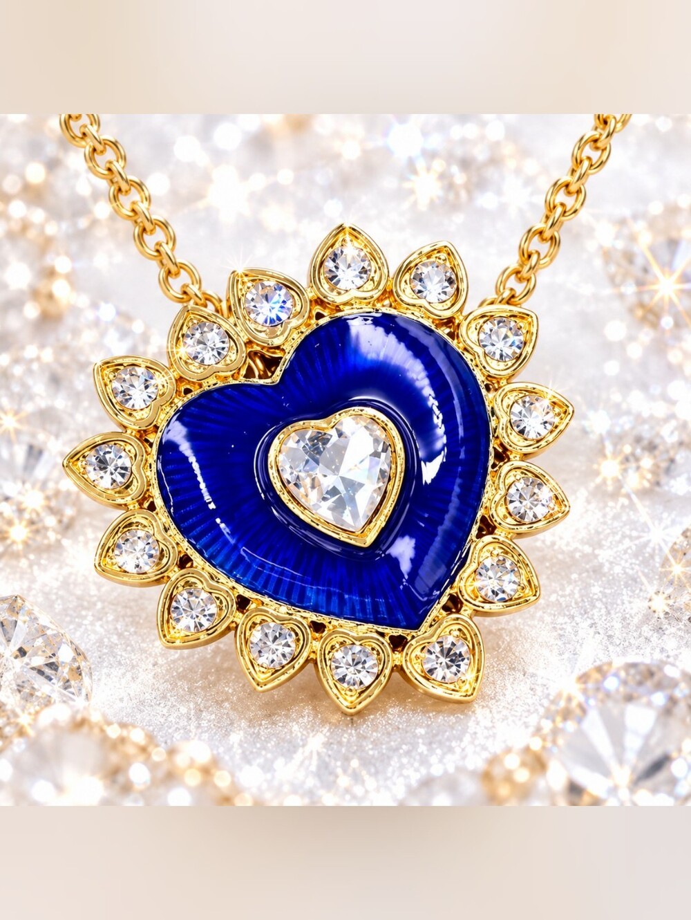 Gold Crystal Blue Heart Necklace And Brooch